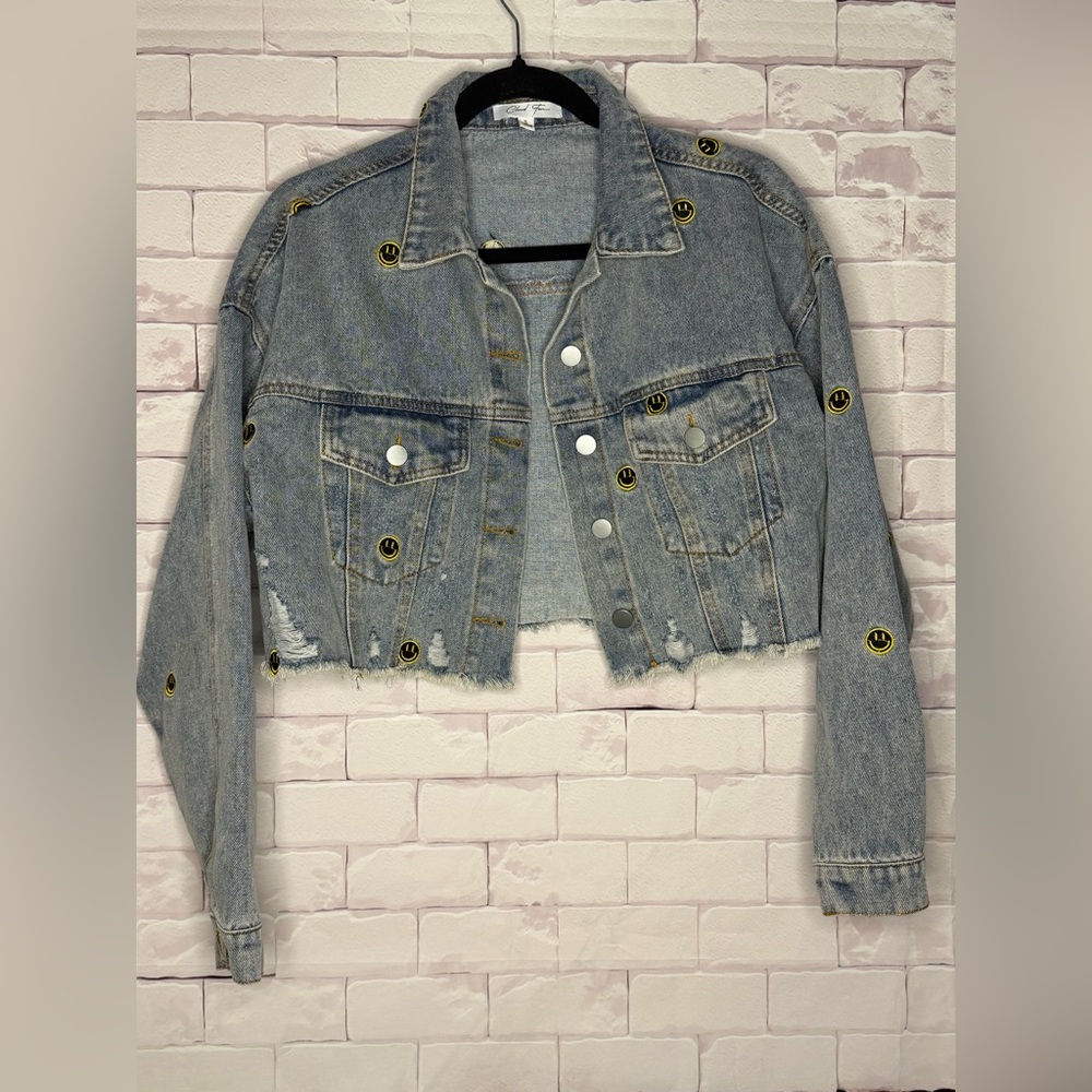 Cloud Ten Cropped Denim Jacket with Smiley Faces